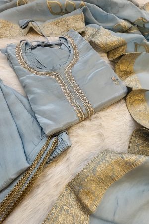 Sky Blue Silk Suit Set with Mirror Embroidery & Zari Dupatta – High-Quality Party & Wedding Attire