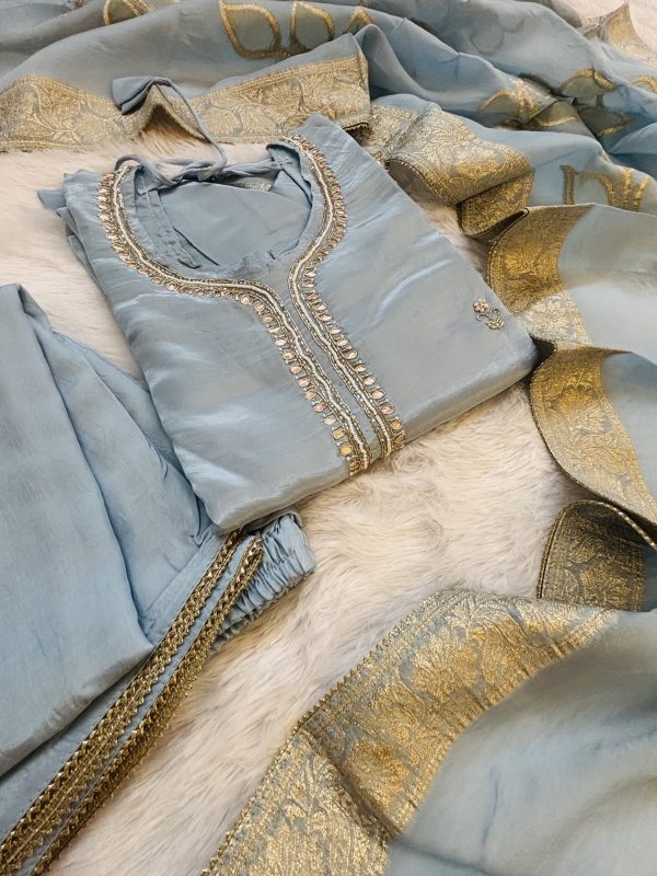 Sky Blue Silk Suit Set with Mirror Embroidery & Zari Dupatta – High-Quality Party & Wedding Attire