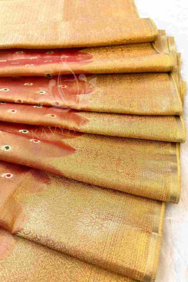Peach Banarasi tissue silk saree, adorned with rich zari work and multicolour motifs - Image 5