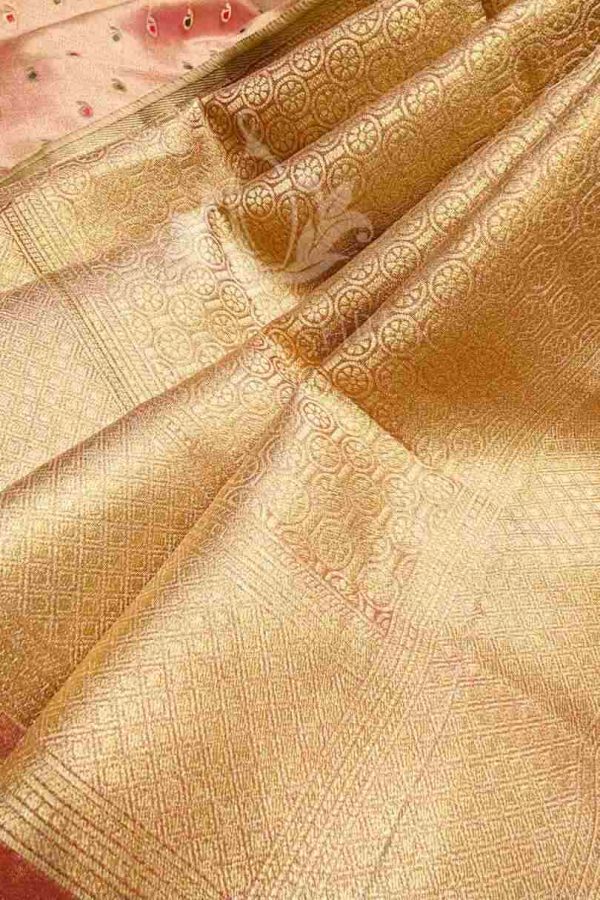 Peach Banarasi tissue silk saree, adorned with rich zari work and multicolour motifs - Image 3