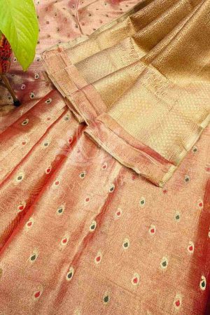 Peach Banarasi tissue silk saree, adorned with rich zari work and multicolour motifs
