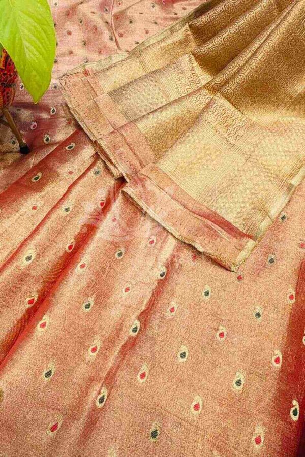 Peach Banarasi tissue silk saree, adorned with rich zari work and multicolour motifs