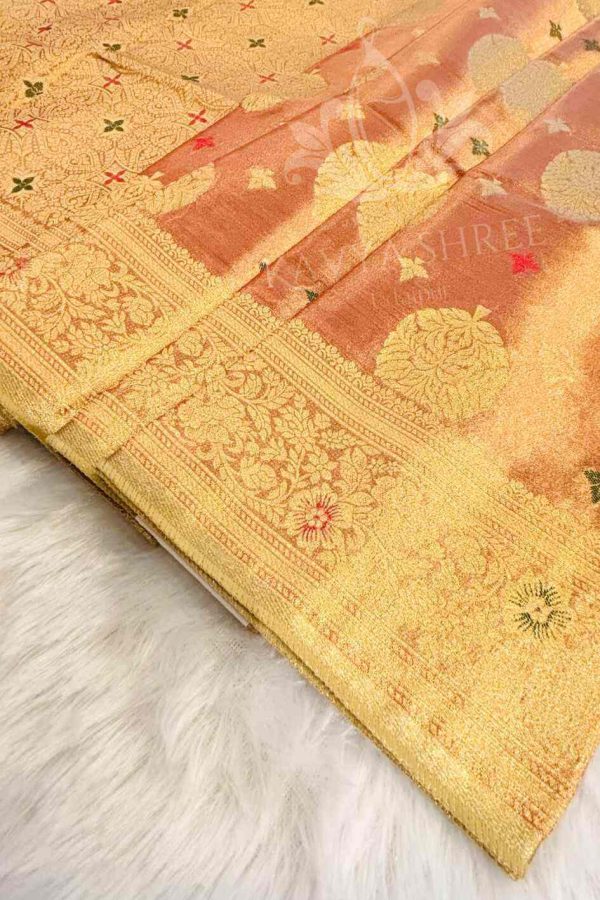 Peach Banarasi tissue silk saree, adorned with rich zari work and multicolour motifs - Image 6