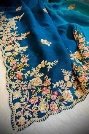 Dual-Tone Georgette Saree in Sky & Navy Blue with Handcrafted Embroidery