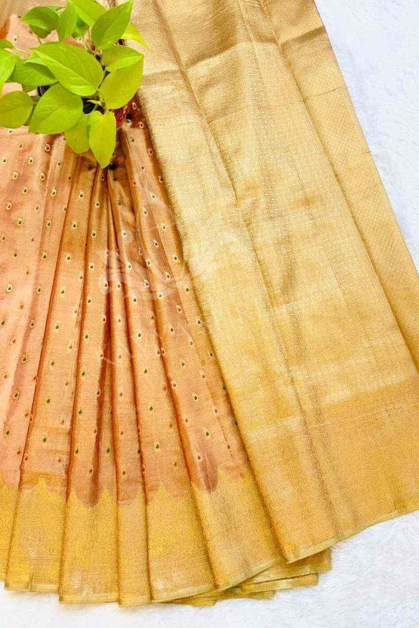 Peach Banarasi tissue silk saree, adorned with rich zari work and multicolour motifs - Image 4