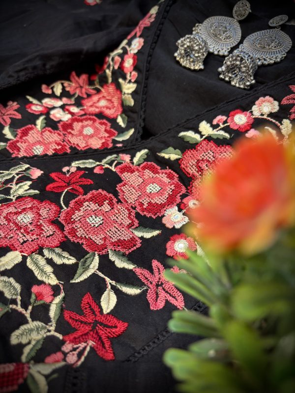 Black Mul Cotton Anarkali with Embroidered Floral Elegance - Image 2