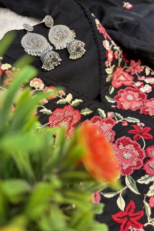 Black Mul Cotton Anarkali with Embroidered Floral Elegance