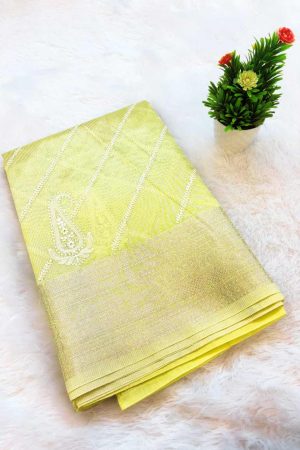 Lemon Yellow Tissue Cotton Saree with Banarasi Border