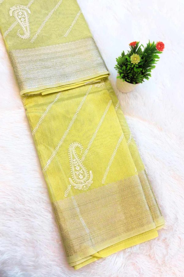 Lemon Yellow Tissue Cotton Saree with Banarasi Border - Image 4