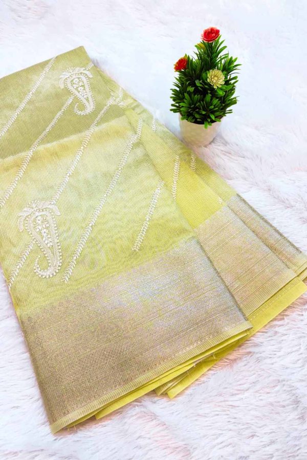 Lemon Yellow Tissue Cotton Saree with Banarasi Border - Image 3
