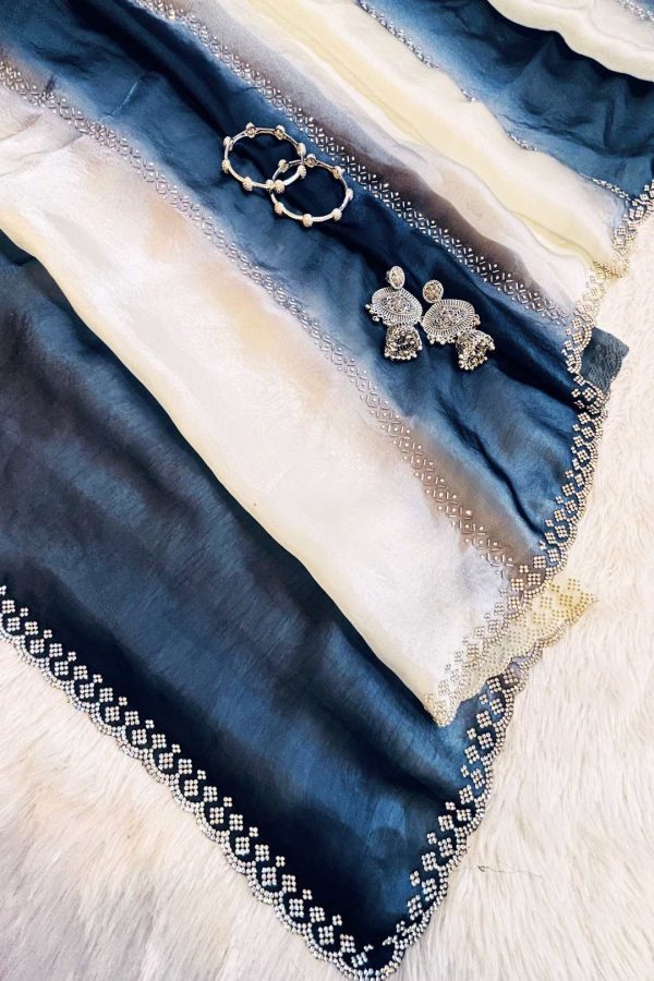 Elegant Off-White & Blue Tissue Silk Saree with Zari Detailing