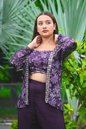 Purple Indo Western Style in Pure Silk with Intricate Mirror Detailing
