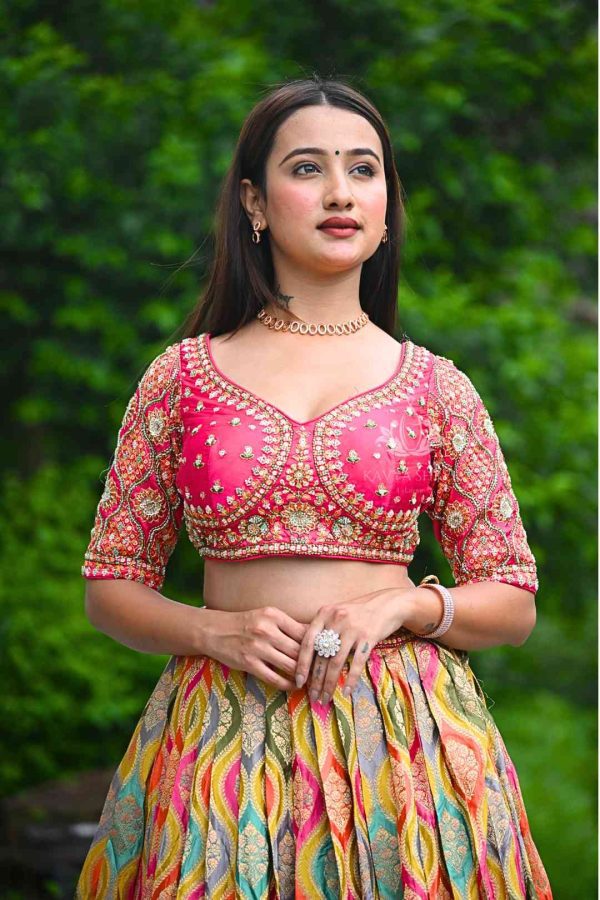 Premium Designer Banarasi Lehenga  – Pink & Multicolour - Image 2