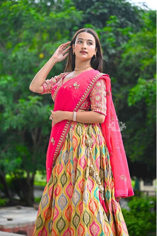 Premium Designer Banarasi Lehenga  – Pink & Multicolour - Image 3