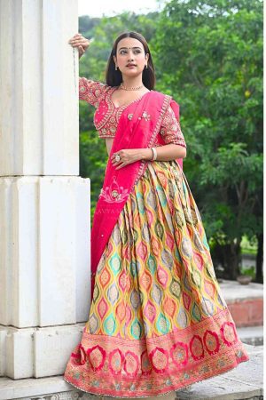 Premium Designer Banarasi Lehenga – Pink & Multicolour